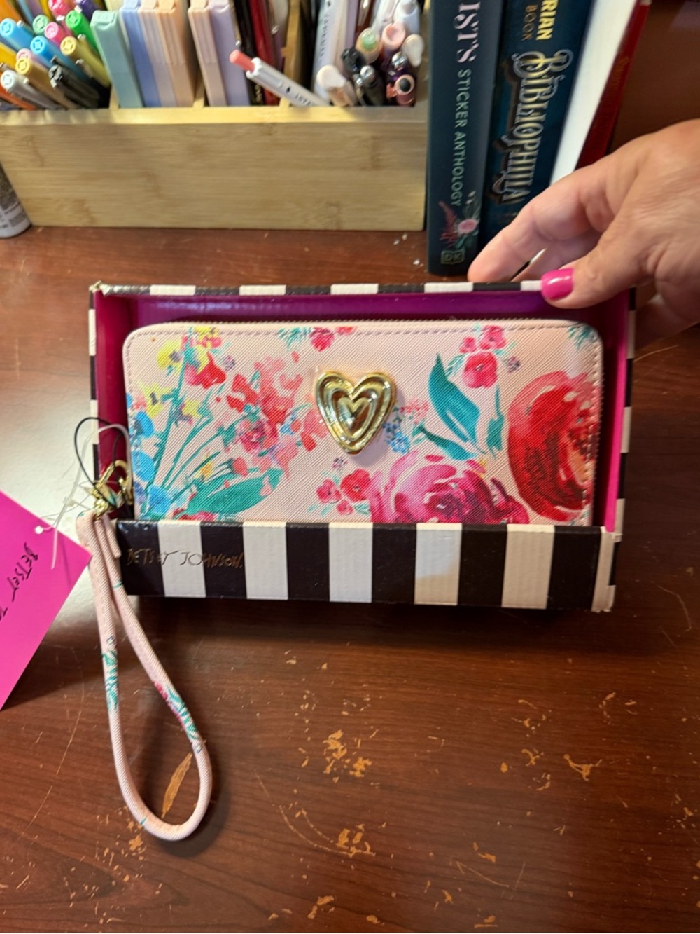 Betsey Johnson Pink Floral Zip-Around Wristlet Wallet with Gold Heart